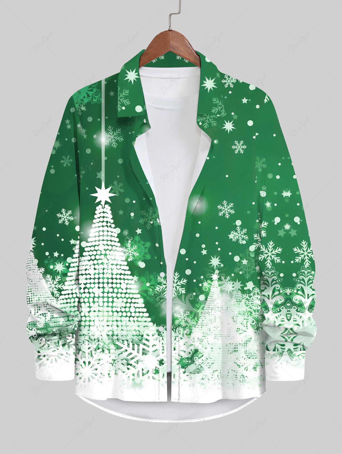 Chemise Boutonnée Sapin de Noël et Flocon de Neige Imprimés de Grande Taille à Paillettes Vert 4XL