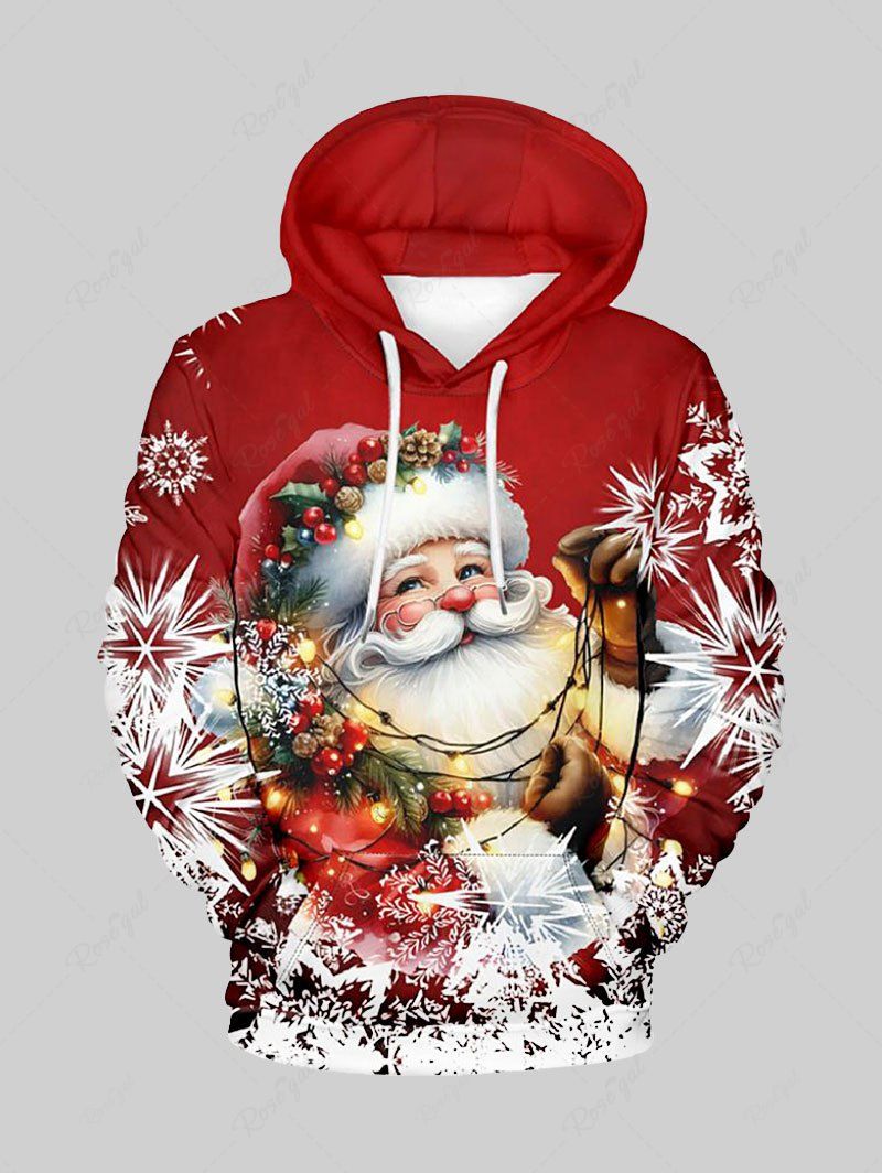 Sweat à Capuche Imprimé Flocon de Neige et Père Noël avec Poche Grande Taille pour Homme Rouge L