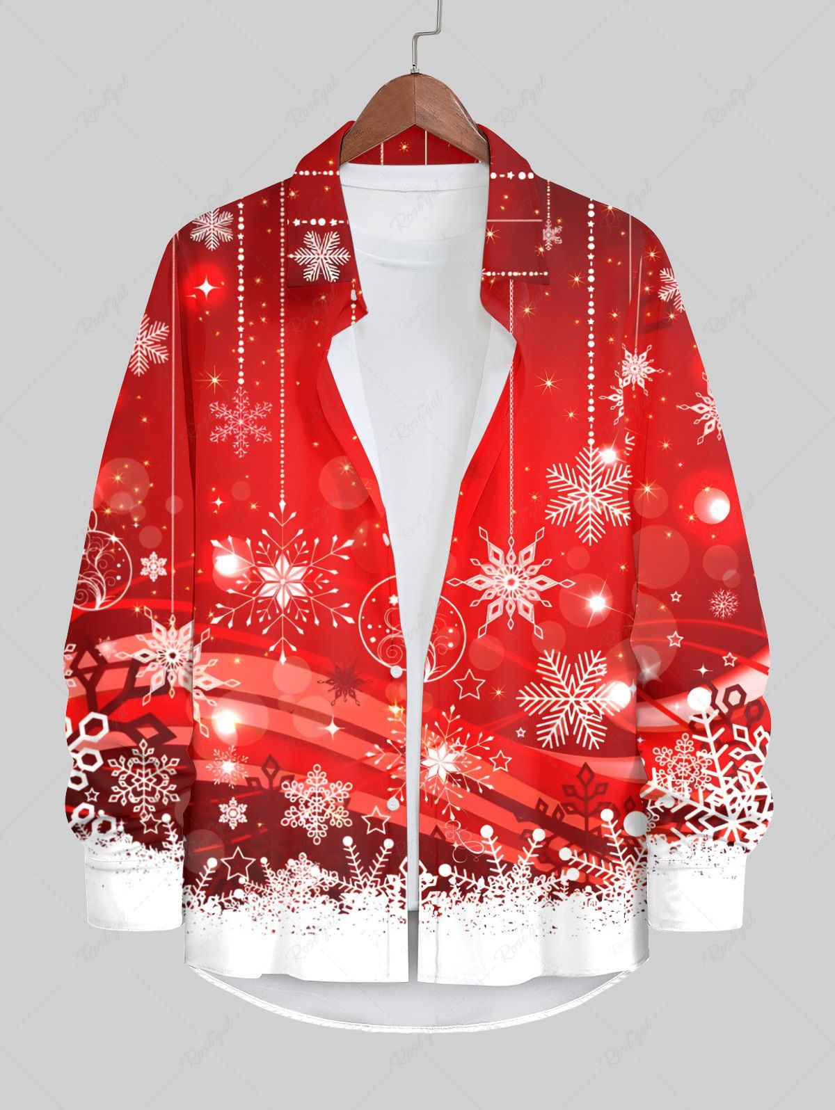 Chemise en Blocs de Couleurs 3D Flocon de Neige et Boule Imprimés à Manches Longues Grande Taille à Paillettes pour Homme Rouge 5XL