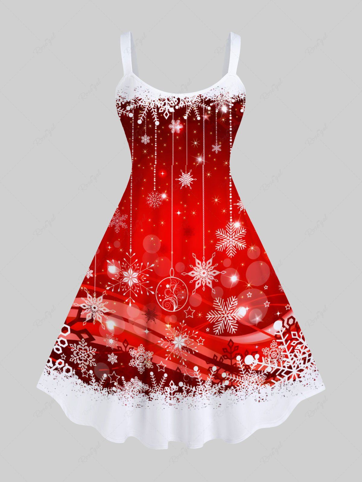Robe Débardeur en Blocs de Couleurs 3D Flocon de Neige et Boule Imprimés de Grande Taille à Paillettes Rouge 2X