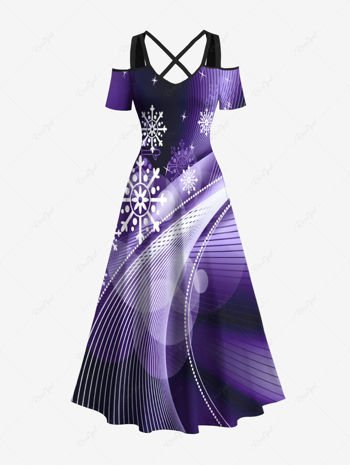 Fashion Plus Size Christmas Snowflake Curve Light Beam Ombre Print Cold Shoulder Crisscross Maxi Dress  