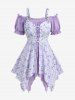 Plus Size Flowers Plaid Print Lace Up Ruffles Ruched Asymmetrical Cold Shoulder Blouse -  