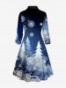 Plus Size Christmas Tree Snowflake Ombre Galaxy Print Half Button A Line Shirted Dress -  