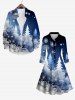 Plus Size Christmas Tree Snowflake Ombre Galaxy Print Half Button A Line Shirted Dress -  