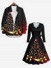 Plus Size Christmas Tree Star Bowknot Glitter 3D Print Scalloped V Neck Dress With A Belt -  