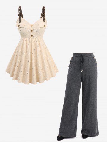 Hollow Out Jacquard PU Strap Top And Drawstring Pocket Marled Wide