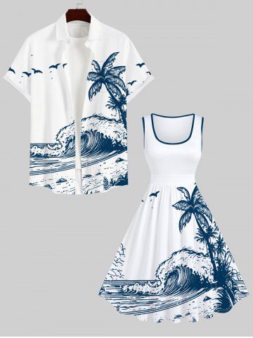 Tenue de Plage Grande Taille Imprimé Cocotiers et Sable pour Couples - WHITE