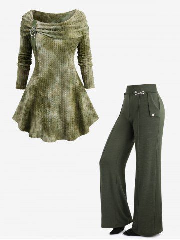 Pull Ombré en Tricot à Câble et Pantalon à Jambe Large avec Boutons de Grande Taille - GREEN