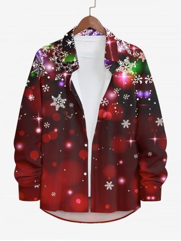 Plus Size Christmas Snowflake Glitter Halo 3D Print Buttons Pocket Long Sleeves Shirt For Men - RED - 8XL