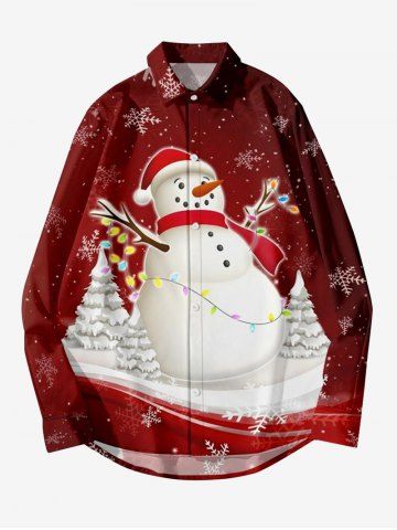 Plus Size Christmas Tree Light Snowman Snowflake Print Ombre Button Long Sleeves Shirt For Men - RED - 7XL