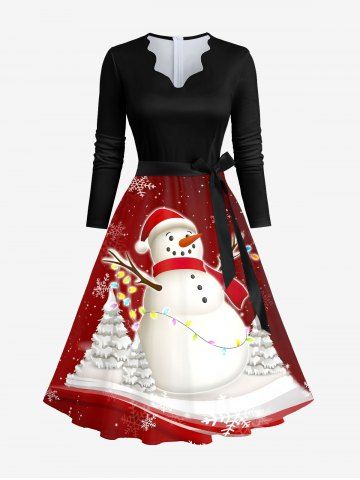 Plus Size Christmas Tree Light Snowman Snowflake Print Ombre Scalloped Neck A Line Dress with Tied Belt - MULTI-A - 6XL