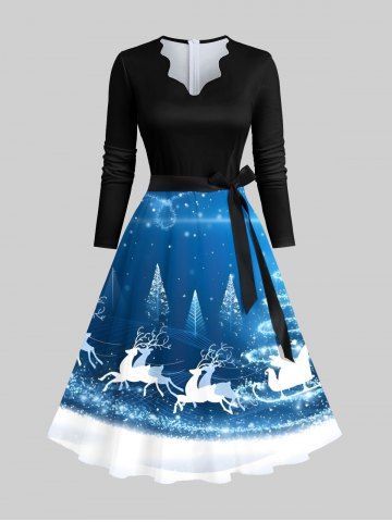 Plus Size Christmas Tree Elk Colorblock Glitter 3D Print Scalloped V Neck Dress With A Belt - MULTI-A - M