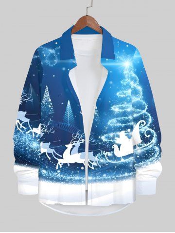 Plus Size Christmas Tree Elk Colorblock Glitter 3D Print Buttons Pocket Long Sleeve Shirt For Men - SKY BLUE - L