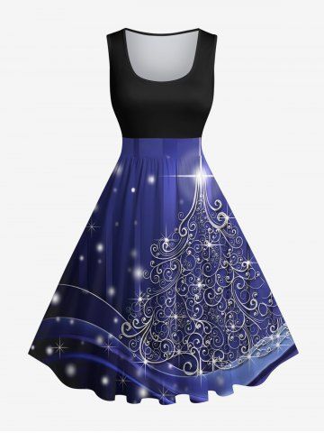 Robe Vintage Métallique Sapin de Noël Imprimé de Grande Taille à Paillettes - MIDNIGHT BLUE - XS