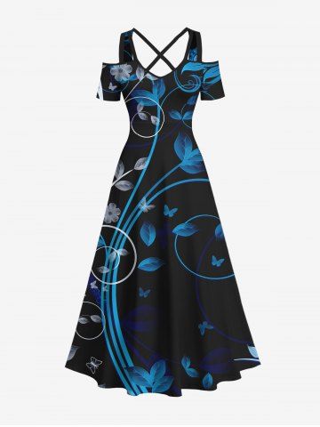 Plus Size Floral Leaf Butterfly Curve Print Hawaii Crisscross A Line Maxi Dress - BLACK - 2X