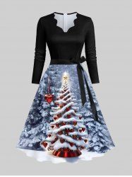 Plus Size Christmas Tree Heart Bell Snowflake Forest Print Ombre Scalloped Neck A Line Dress with Tied Belt -  