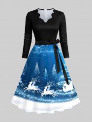 Robe Ligne A 3D Sapin de Noël Imprimé en Blocs de Couleurs de Grande Taille à Paillettes - Multi-A L
