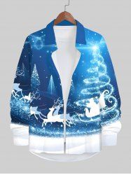 Plus Size Christmas Tree Elk Colorblock Glitter 3D Print Buttons Pocket Long Sleeve Shirt For Men -  