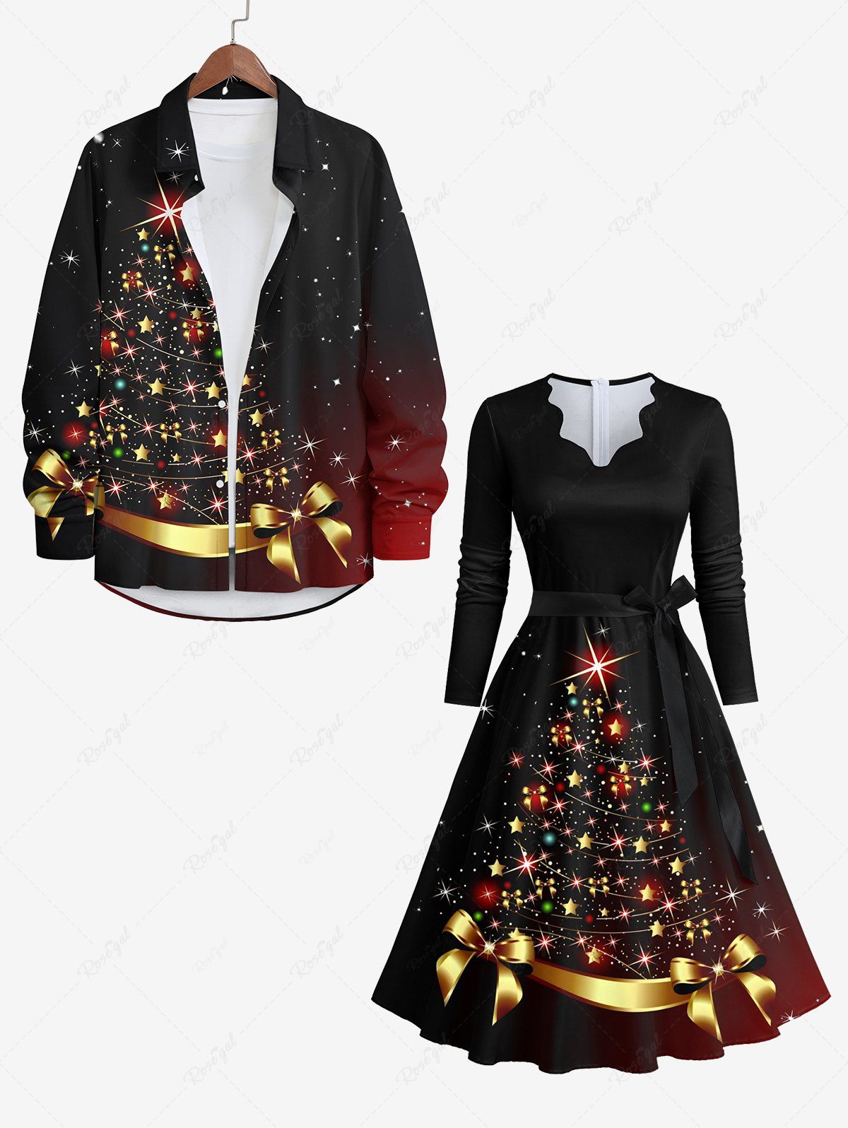 Fancy Christmas Tree Star Bowknot Glitter 3D Print Plus Size Matching Outfit For Couples  