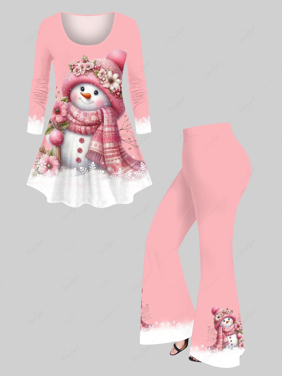 Ensemble Cloche Grande Taille Imprimé Fleurs Boules et Flocons de Neige de Noël Rose clair 