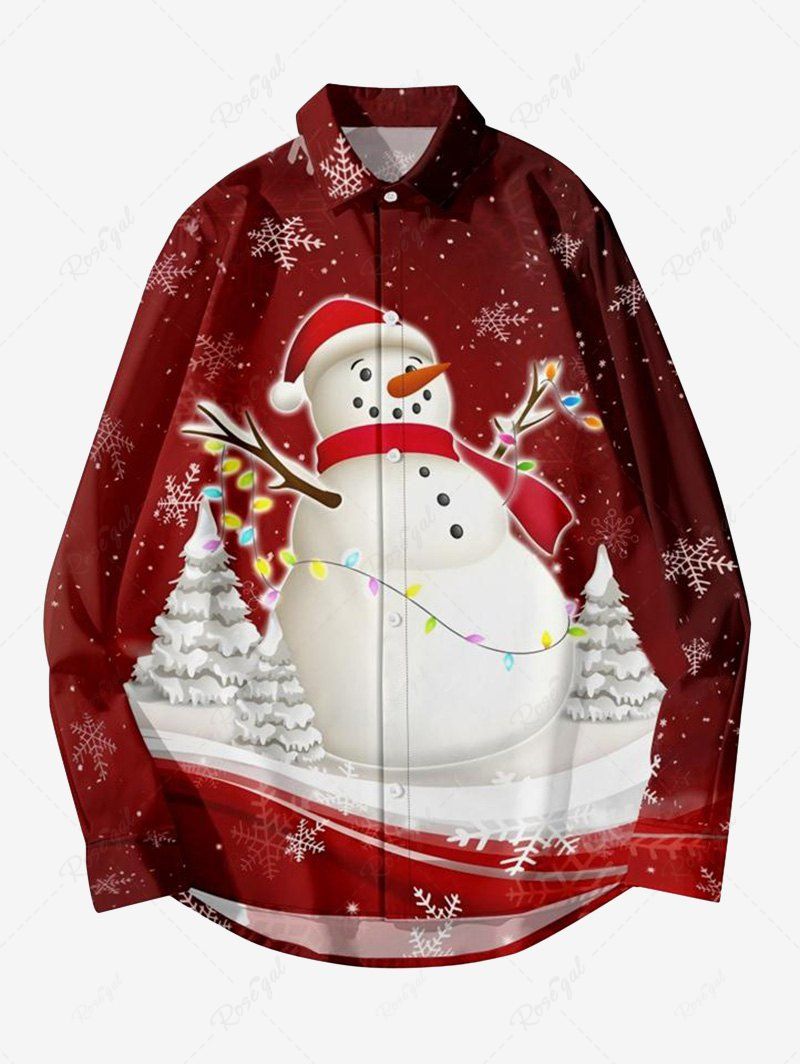 Unique Plus Size Christmas Tree Light Snowman Snowflake Print Ombre Button Long Sleeves Shirt For Men  