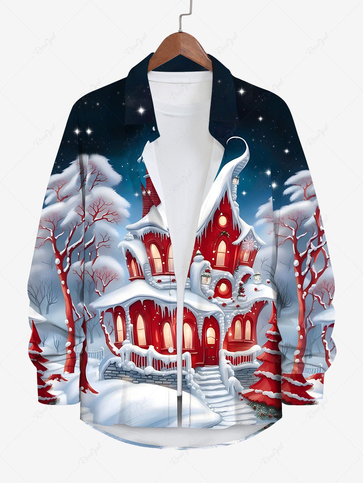 Chemise Manches Longues avec Boutons et à Imprimé Sapins de Noël et Etoiles dans la Galaxie Grande-Taille pour Hommes Multi-A XL