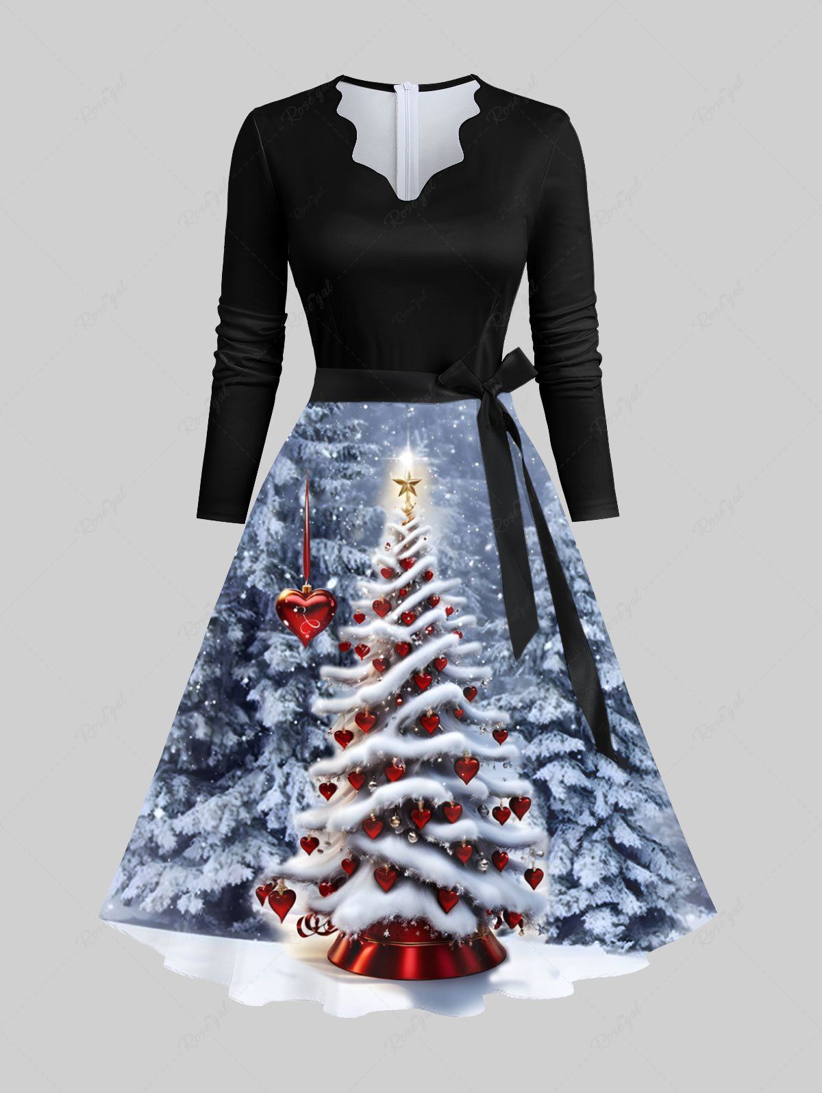 Shops Plus Size Christmas Tree Heart Bell Snowflake Forest Print Ombre Scalloped Neck A Line Dress with Tied Belt  