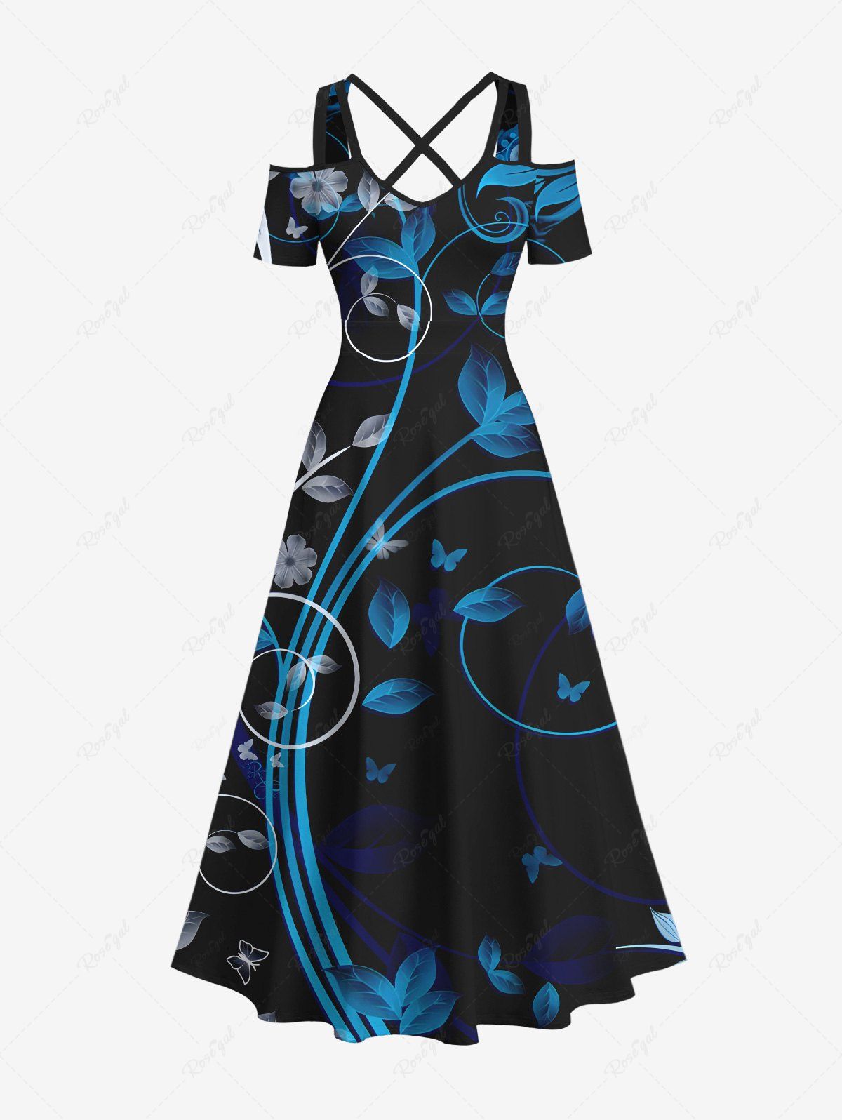 Affordable Plus Size Floral Leaf Butterfly Curve Print Hawaii Crisscross A Line Maxi Dress  