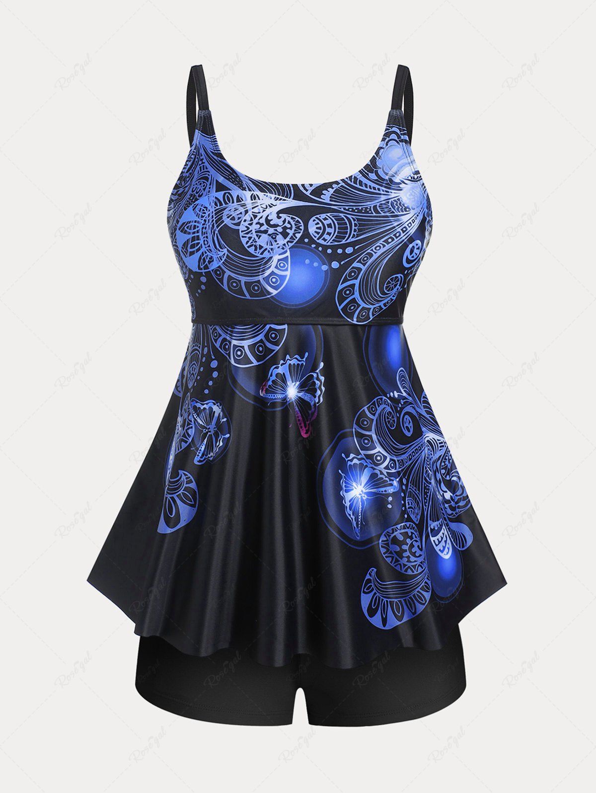 Fancy Plus Size & Curve Butterfly Padded Boyleg Modest Tankini  Swimsuit  