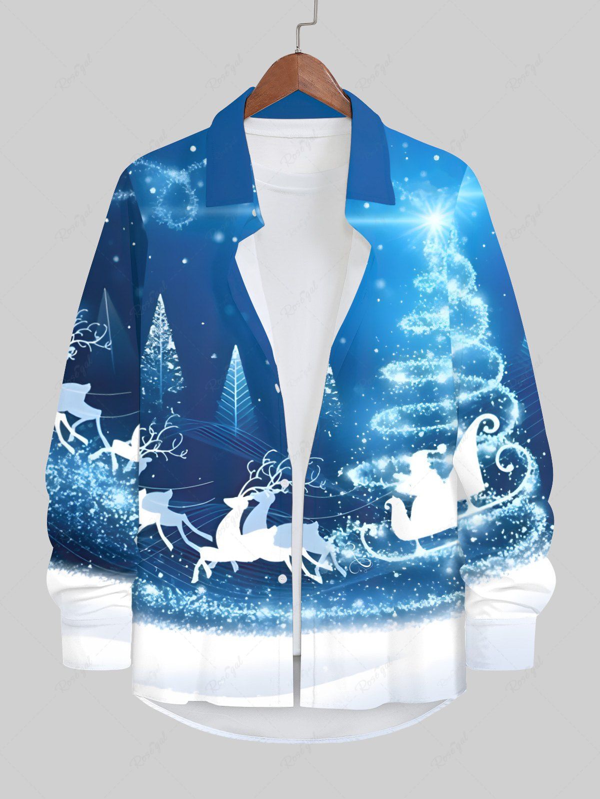 Chemise en Blocs de Couleurs 3D Sapin de Noël Imprimé avec Poches Grande Taille à Paillettes Bleu Ciel 6XL