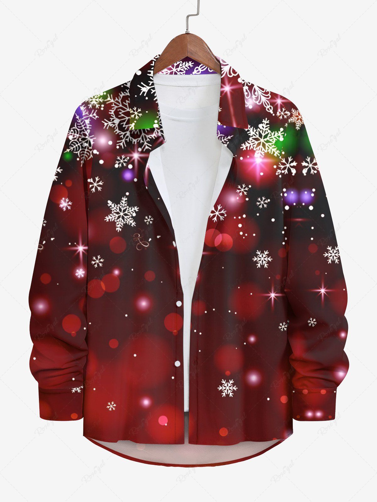 Unique Plus Size Christmas Snowflake Glitter Halo 3D Print Buttons Pocket Long Sleeves Shirt For Men  