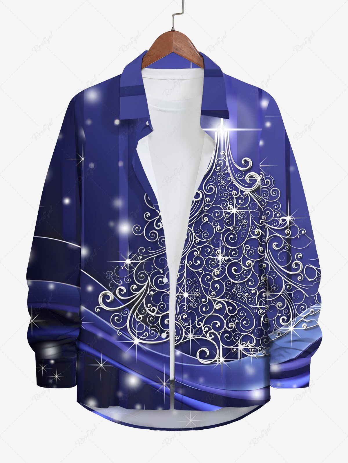 Chemise 3D Arbre de Noël Métallique Grande Taille avec Boutons à Manches Longues Bleu Ciel 5XL