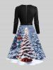 Plus Size Christmas Tree Heart Bell Snowflake Forest Print Ombre Scalloped Neck A Line Dress with Tied Belt -  