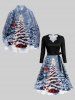 Plus Size Christmas Tree Heart Bell Snowflake Forest Print Ombre Scalloped Neck A Line Dress with Tied Belt -  