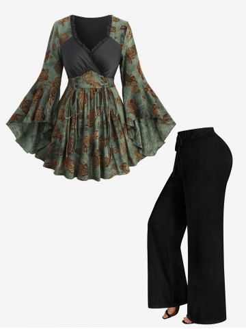 Rose Flower Flocking Lace Up Surplice Top and Solid Drawstring Wide Leg Pants Plus Size Outfit - DEEP GREEN