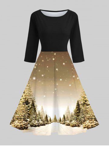 Robe Mi-longue Vintage Imprimé Forêt D'arbre de Noël - MULTI-B - S