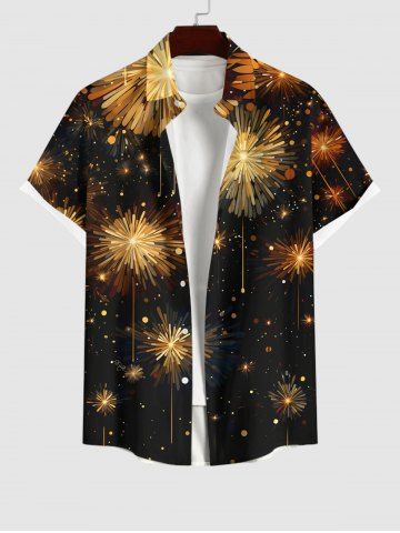 Chemise Boutonnée Feu D'Artifice de Noël Imprimé avec Poche Grande Taille à Paillettes - BLACK - 4XL