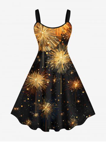 Robe Ligne A Galaxie Feux D'Artifice de Noël Imprimée de Grande Taille à Paillettes - BLACK - XS