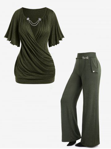 Ruched Lettuce Chain Embellished Blouson Tee and Wide Leg Pants Plus Size Outfit