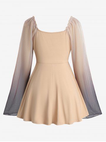 Ombre Mesh Ruffles Ruched Shoulder Flare Sleeves Top and Wide Leg Pants Plus Size Outfit