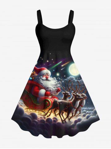 Plus Size Christmas Santa Claus Elk Moon Star Print Tank Dress - BLACK - XS