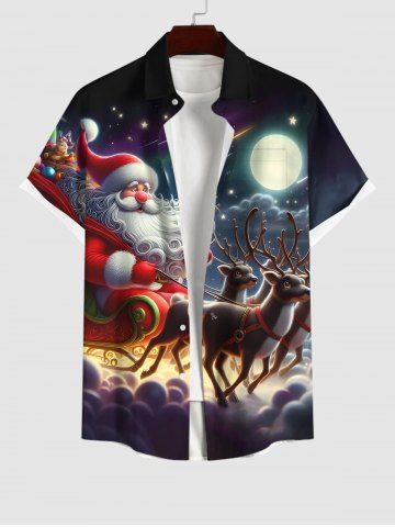 Plus Size Christmas Santa Claus Elk Moon Star Print Buttons Pocket Shirt For Men - BLACK - S