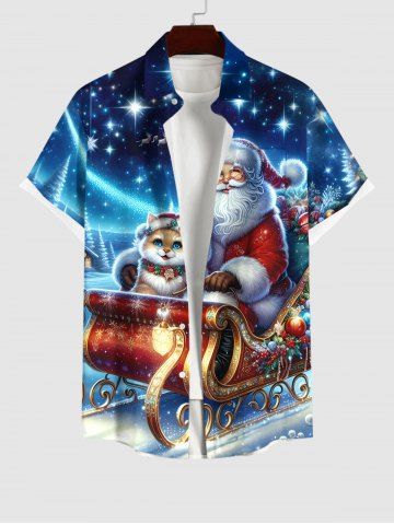 Plus Size Christmas Santa Claus Cat Sled Star Glitter 3D Print Buttons Pocket Shirt For Men - BLUE - S