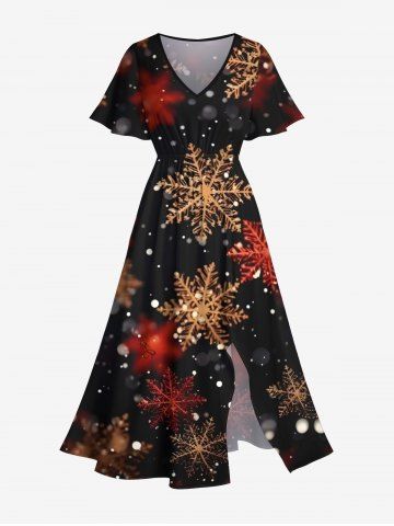 Robe Mi-Longue Fendue 3D Flocon de Neige de Noël Imprimé de Grande Taille à Paillettes - BLACK - XS