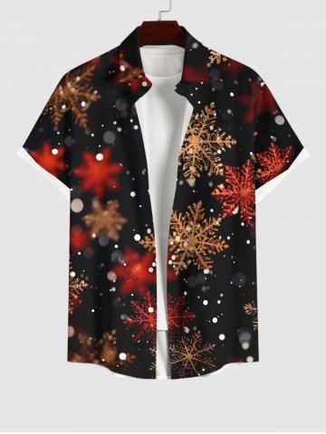 Plus Size Christmas Snowflake Glitter 3D Print Buttons Pocket Shirt For Men - BLACK - S