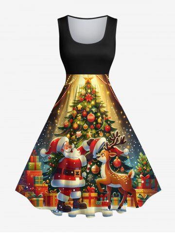 Plus Size Christmas Tree Light Ball Santa Claus Elk Print 1950s Vintage Dress - MULTI-A - XS