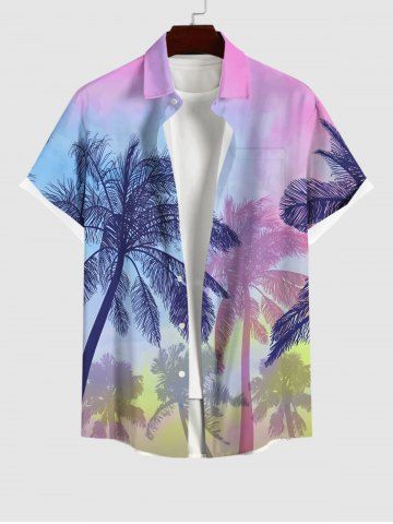 Plus Size Coconut Tree Ombre Colorblock Sky Print Buttons Pocket Hawaii Shirt For Men - MULTI-A - S