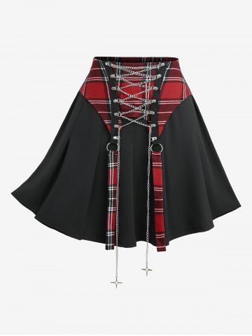 Plus Size Cross Chains Lace Up Plaid Print Patchwork Skirt - RED - M | US 10