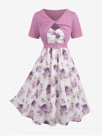 Plus Size Twist Buckle Grommets Ribbed Textured Top and Flower Printed Ruched Cami Dress - LIGHT PINK - 4X | US 26-28
