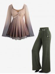 Ombre Mesh Ruffles Ruched Shoulder Flare Sleeves Top and Wide Leg Pants Plus Size Outfit -  